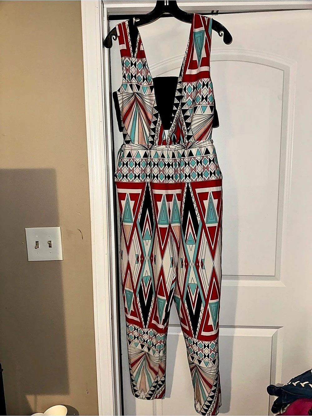 Geometric Print Jumpsuit in Red/black/white/turquoise Like New!